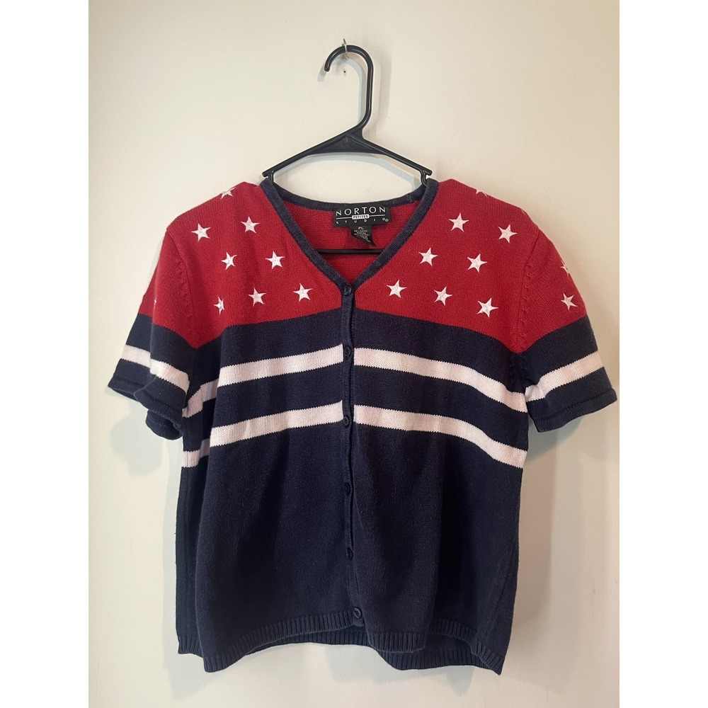 Vintage Norton Studio American Flag Novelty Print Short Sleeve Cardigan‎ PLarge